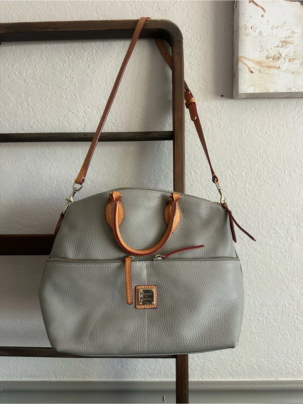 Dooney & Bourke Gray Pebbled Leather Satchel with Tan Trim